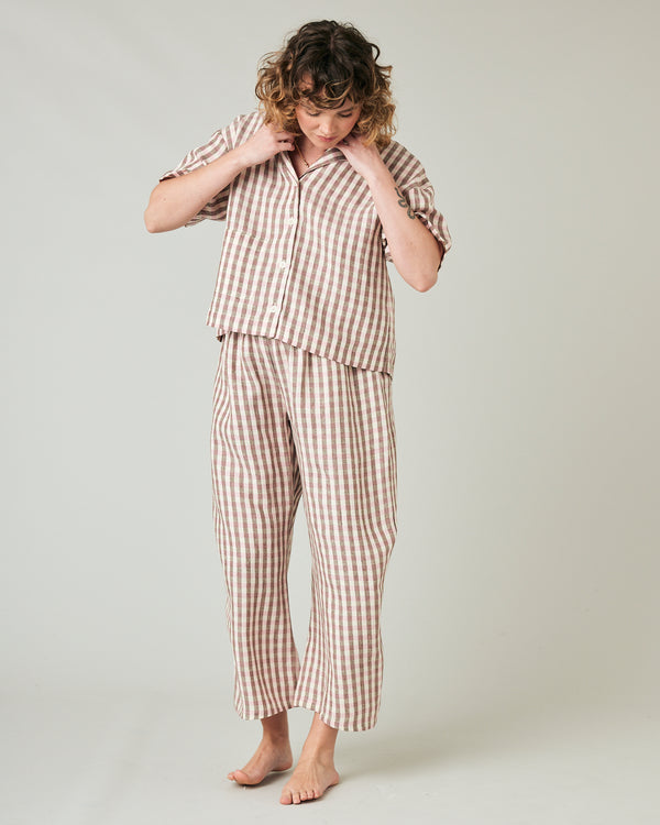 pregnant model wears neapolitan check linen ultimate pj trousers