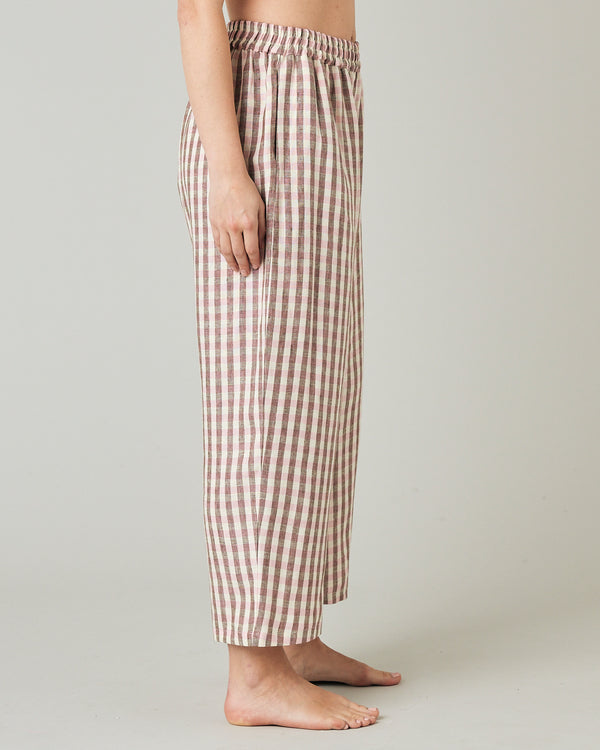 model wears neapolitan check linen ultimate pj trousers right