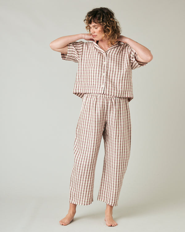 pregnant model wears neapolitan check linen ultimate pj top