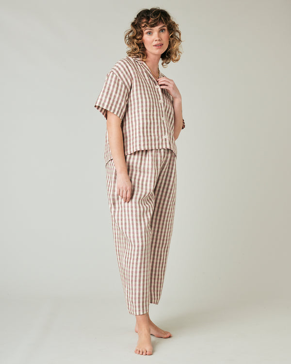 pregnant model wears neapolitan check linen ultimate pj top
