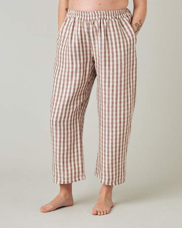 pregnant model wears neapolitan check linen ultimate pj trousers