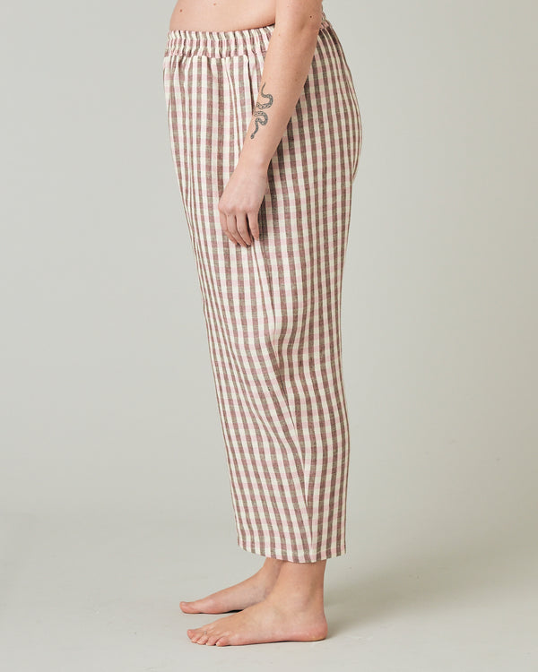pregnant model wears neapolitan check linen ultimate pj trousers