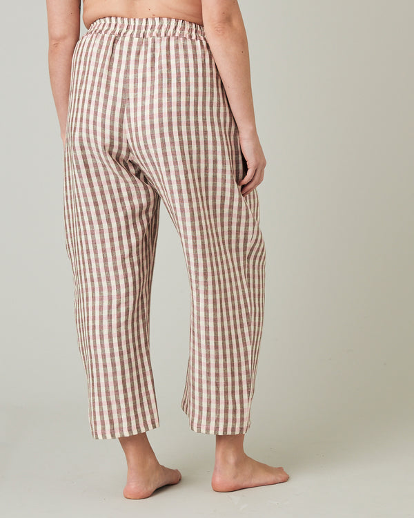 pregnant model wears neapolitan check linen ultimate pj trousers