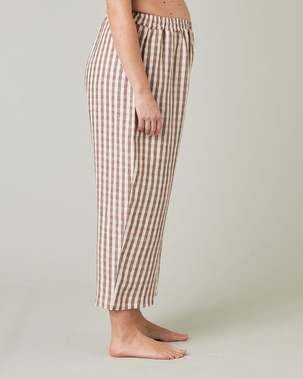 pregnant model wears neapolitan check linen ultimate pj trousers
