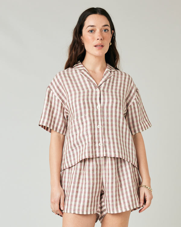 model wears neapolitan check linen ultimate pj top