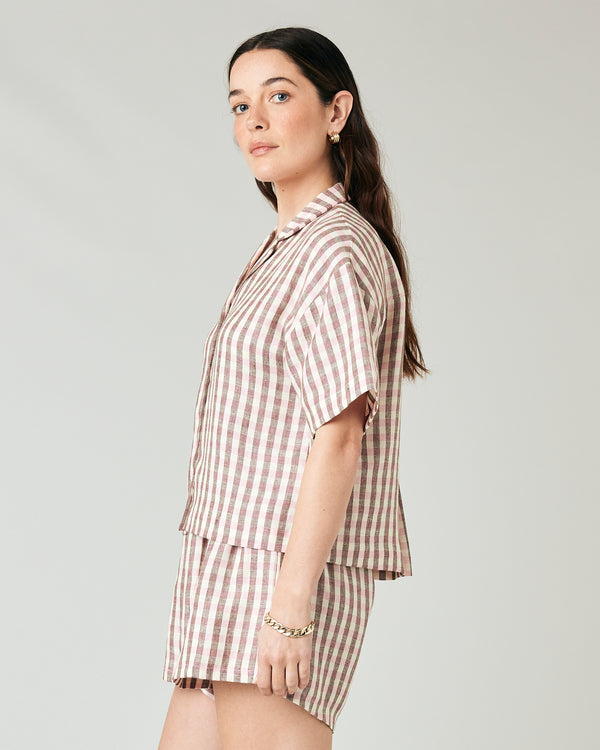 model wears neapolitan check linen ultimate pj top