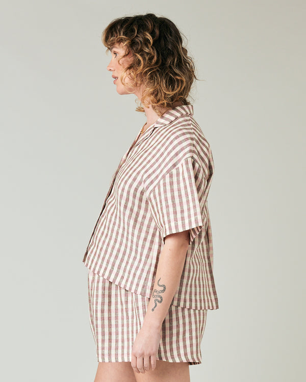 pregnant model wears neapolitan check linen ultimate pj top