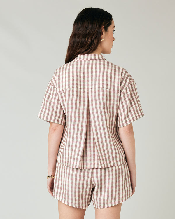 model wears neapolitan check linen ultimate pj top