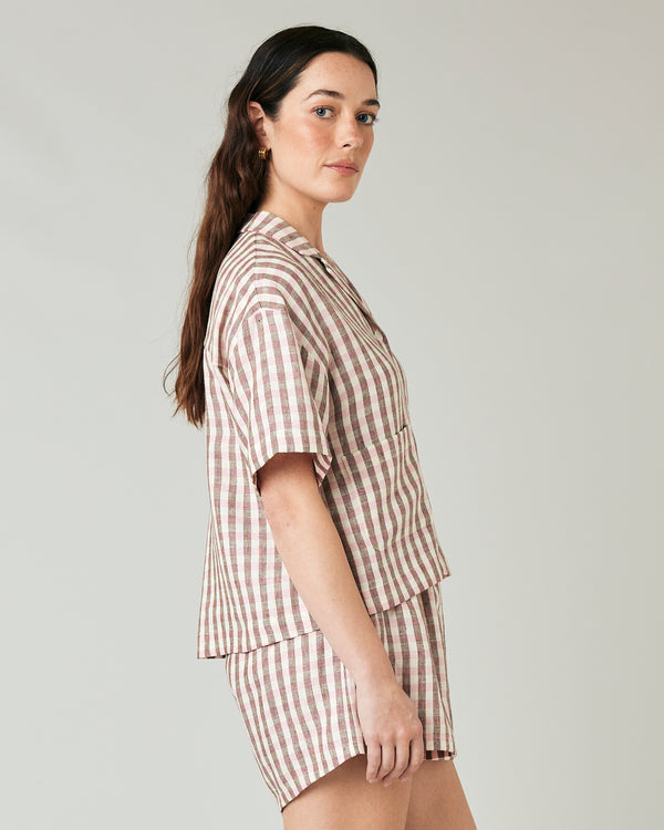 model wears neapolitan check linen ultimate pj top