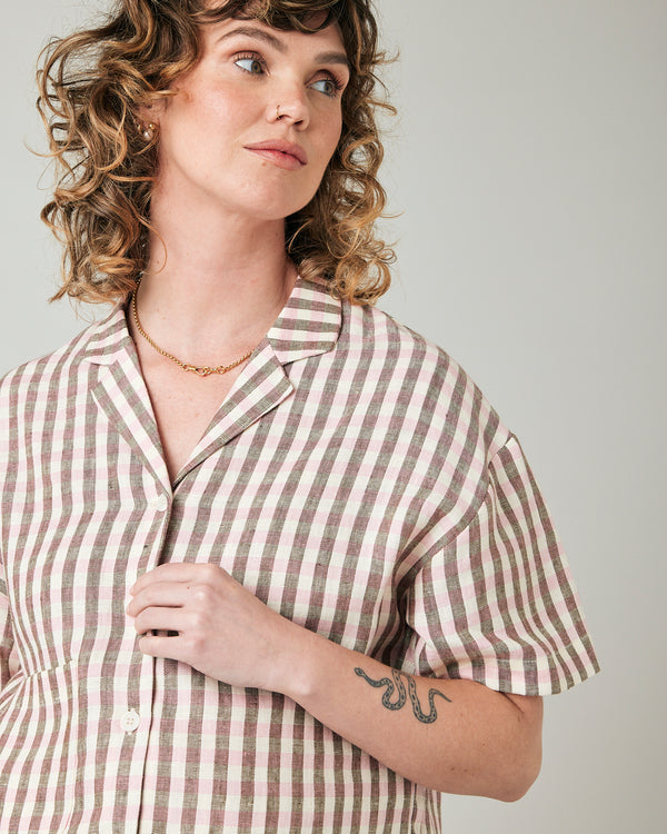 pregnant model wears neapolitan check linen ultimate pj top