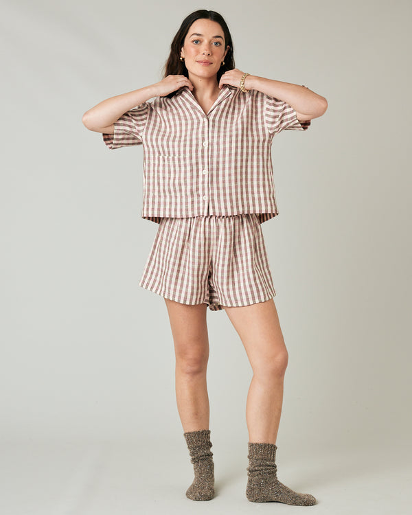 model wears neapolitan check linen ultimate pj top