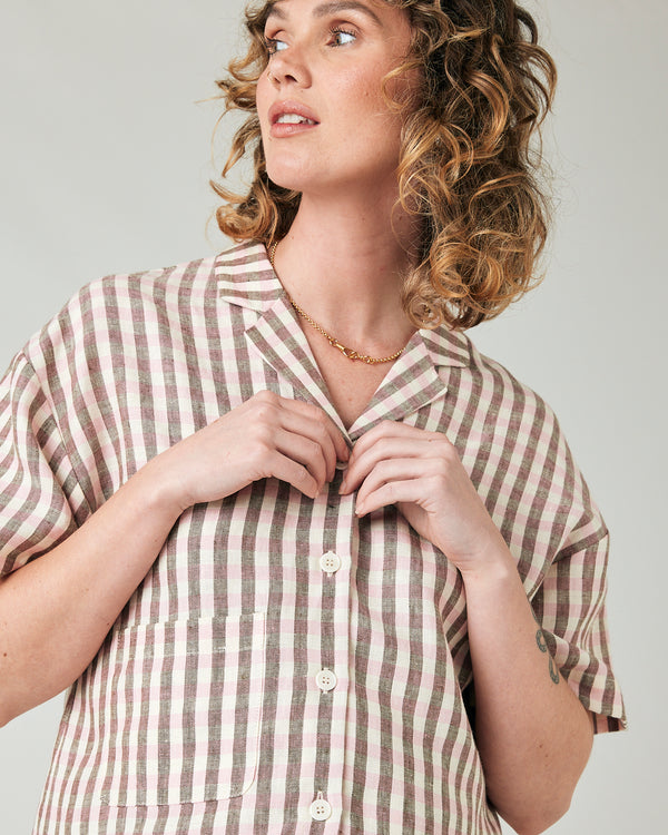 pregnant model wears neapolitan check linen ultimate pj top
