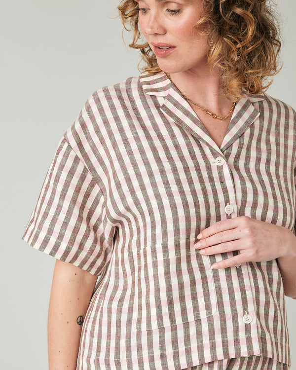 pregnant model wears neapolitan check linen ultimate pj top