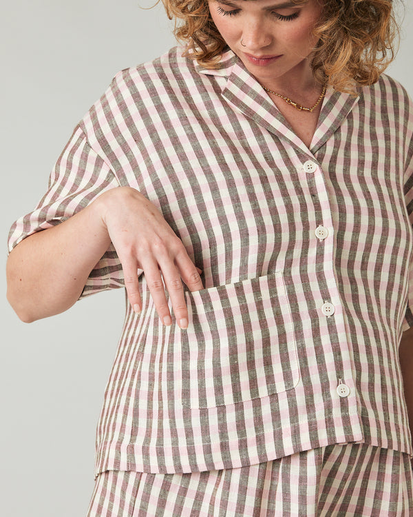 pregnant model wears neapolitan check linen ultimate pj top