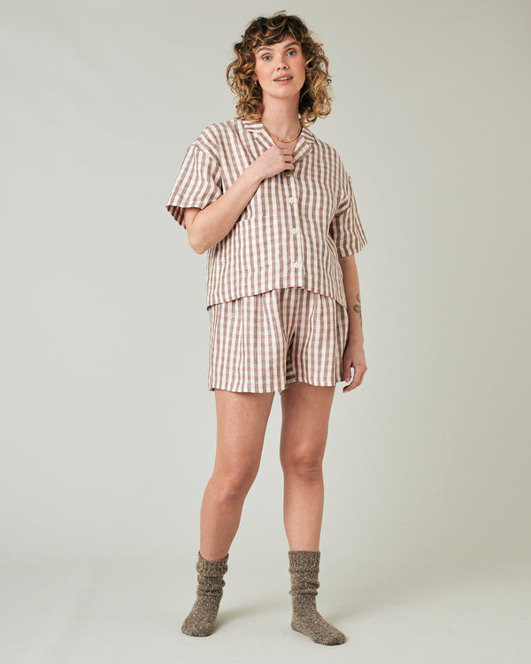 pregnant model wears neapolitan check linen ultimate pj top