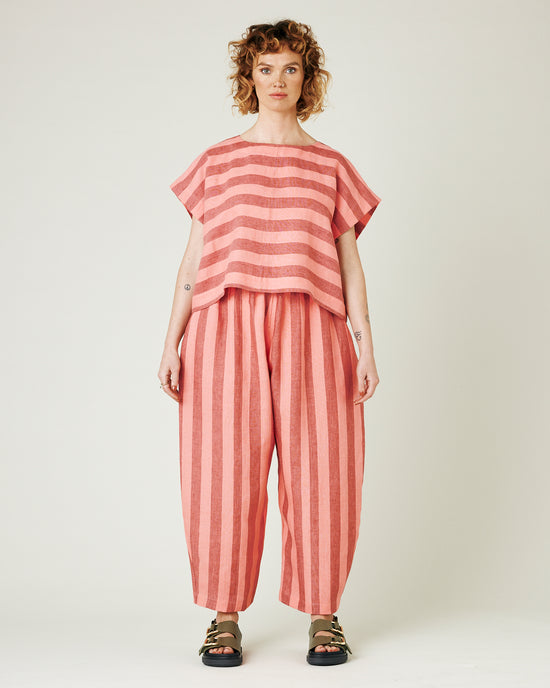 model wears blush stripe mabel trousers