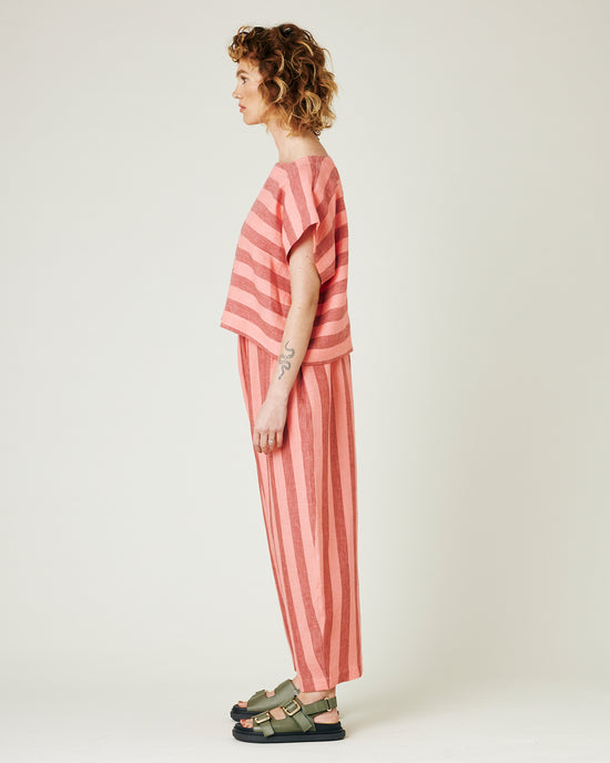 model wears blush stripe mabel trousers