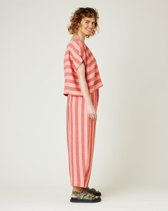 model wears blush stripe mabel trousers