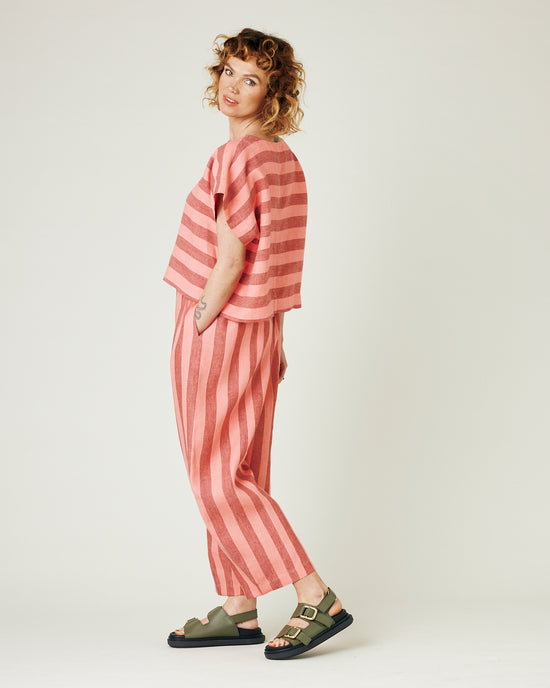 model wears blush stripe mabel trousers