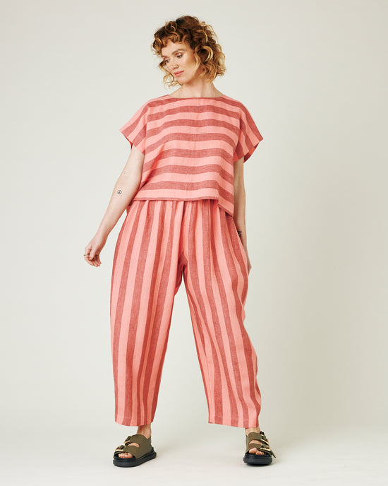 model wears blush stripe mabel trousers