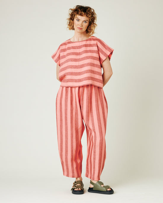 model wears blush stripe mabel trousers