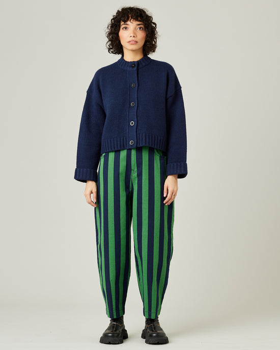 model wears navy and grass stripe remi front