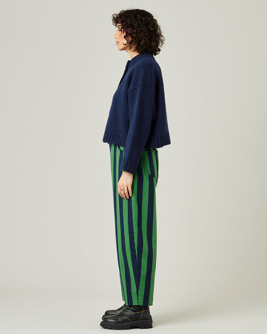 model wears navy and grass stripe remi front