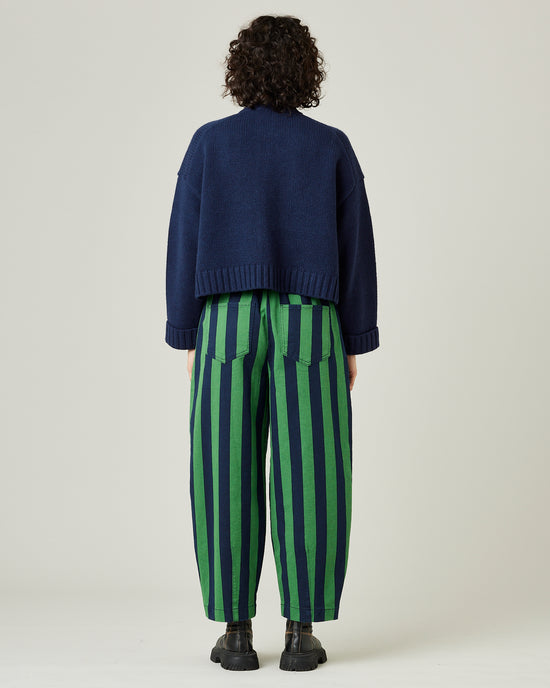 model wears navy and grass stripe remi front