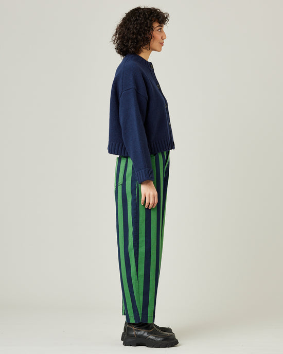 model wears navy and grass stripe remi front