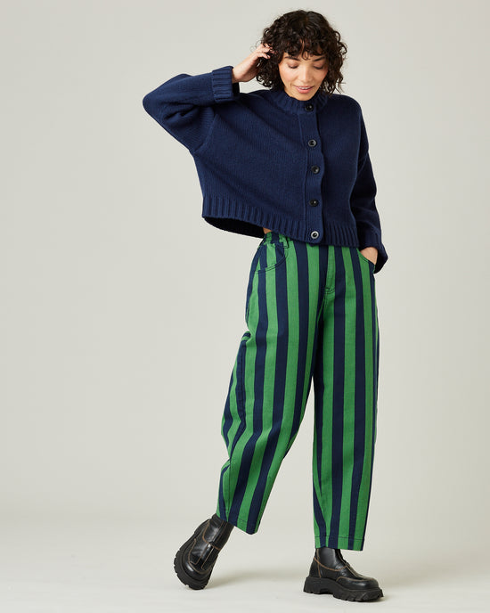 model wears navy and grass stripe remi front