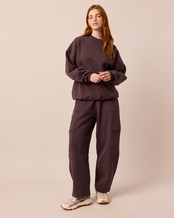 model wears riley prune jersey jumper