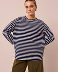 model wears robyn navy and ecru stripe jersey top