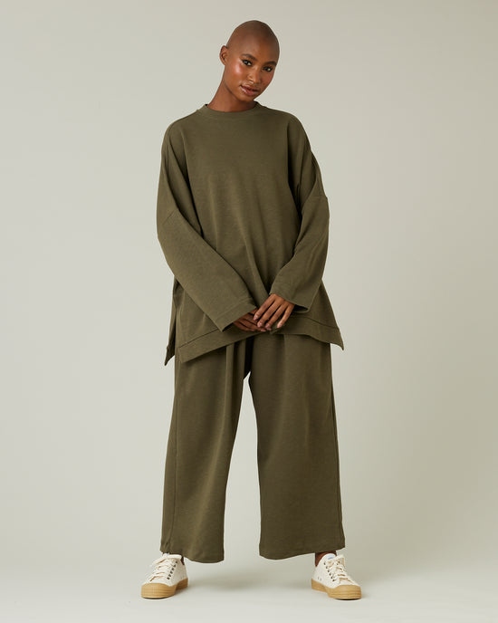 model wears olive jersey ruby trousers