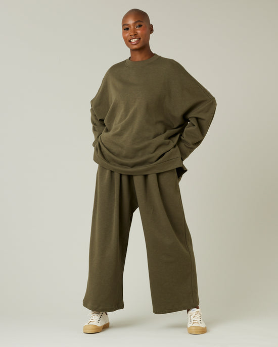 model wears olive jersey ruby trousers