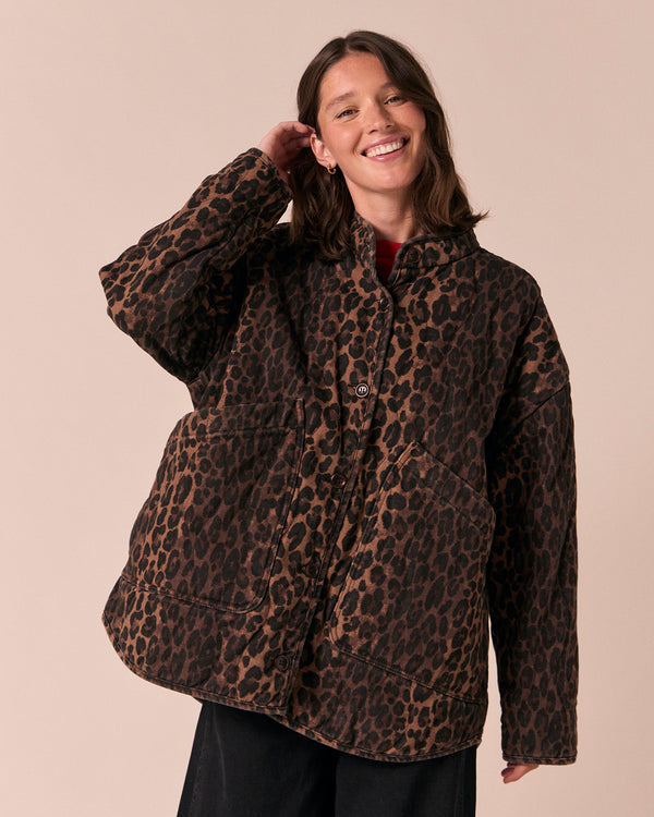 model wears rue dark leopard print denim jacket