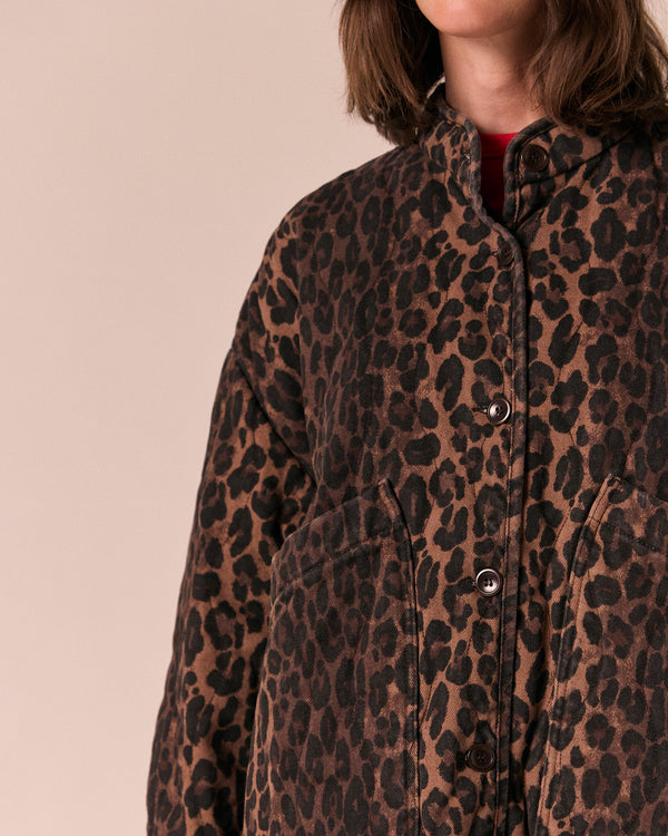 model wears rue dark leopard print denim jacket