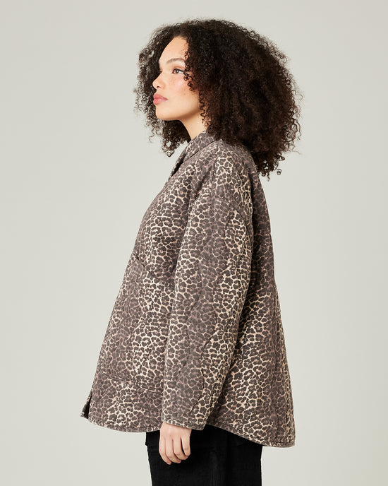 model wears leopard print rue jacket