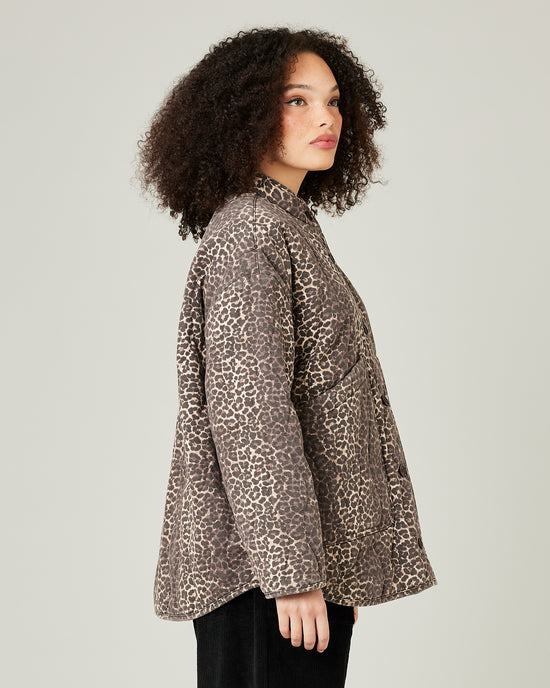 model wears leopard print rue jacket