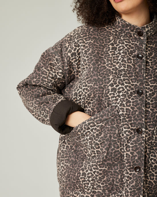 model wears leopard print rue jacket