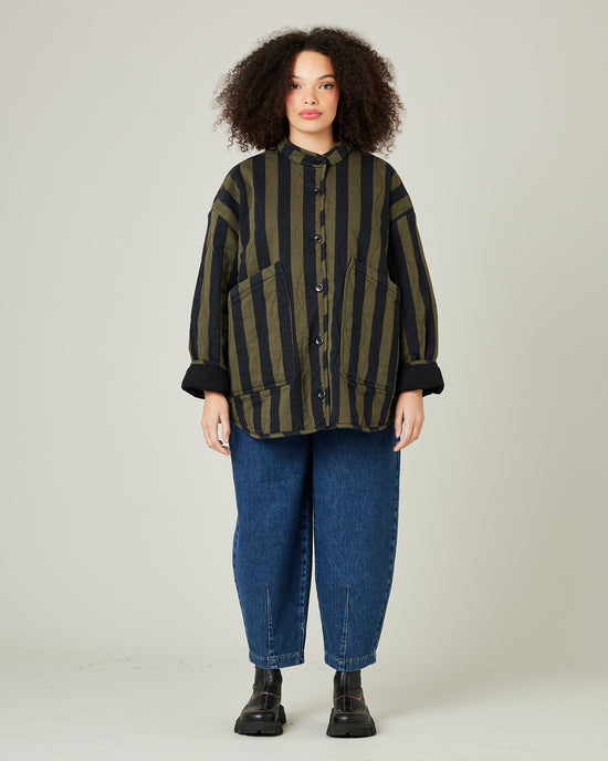 model wears rue in olive and black stripe 