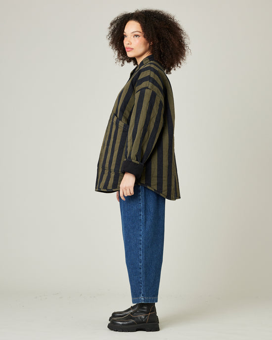 model wears rue in olive and black stripe 