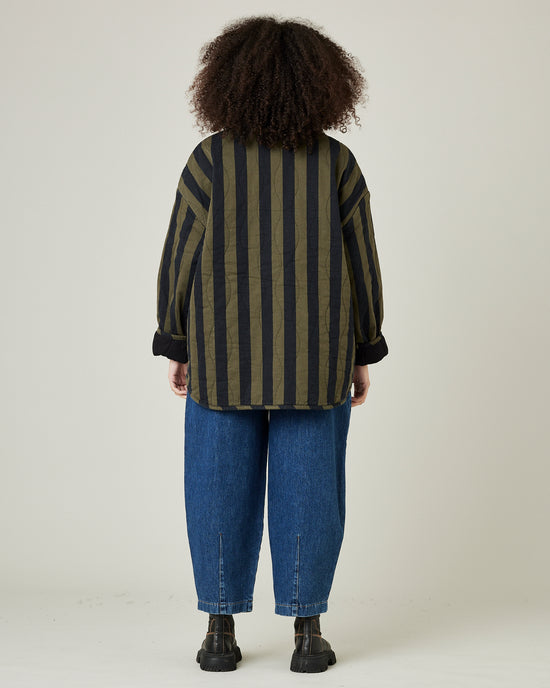 model wears rue in olive and black stripe 