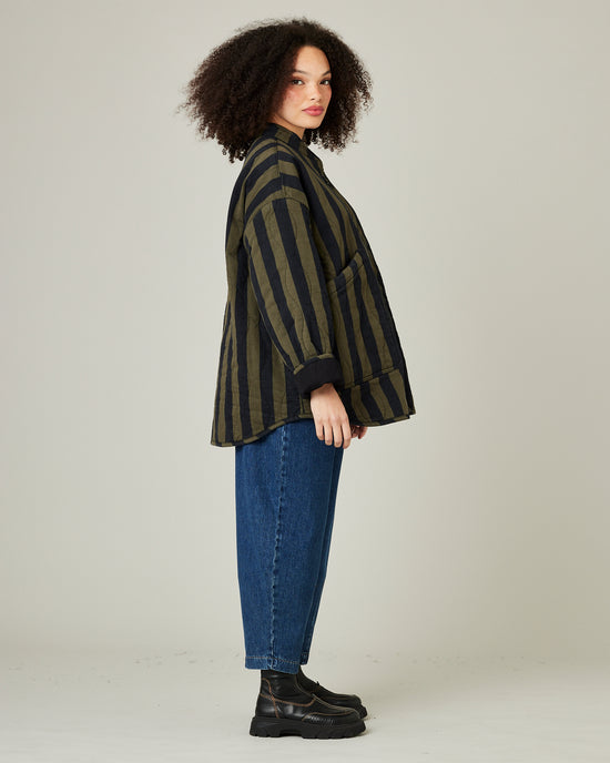 model wears rue in olive and black stripe 