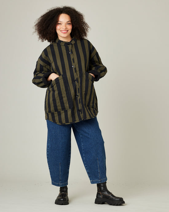 model wears rue in olive and black stripe 