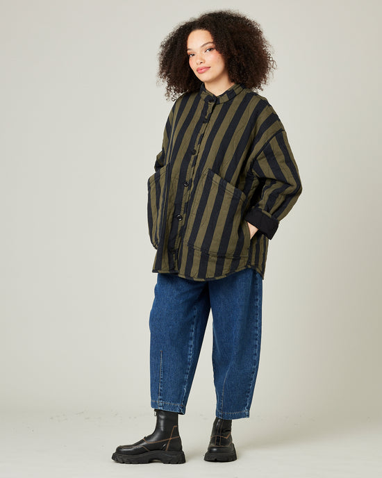 model wears rue in olive and black stripe 