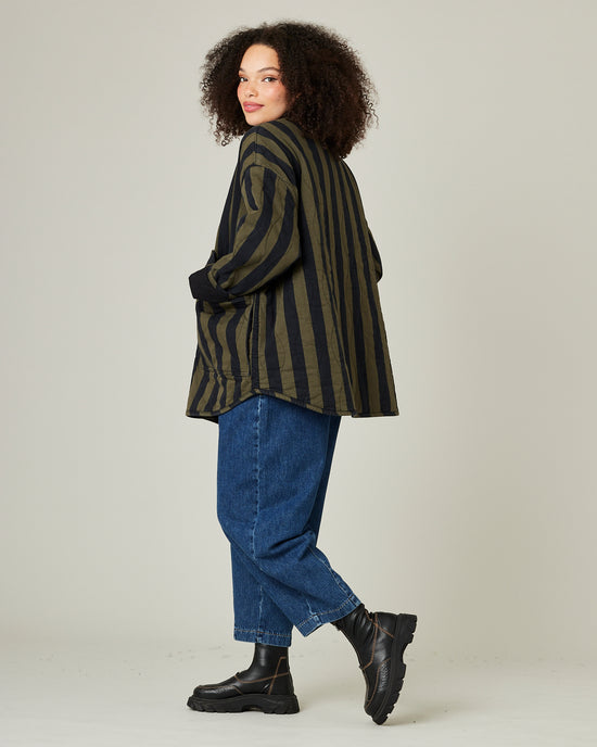 model wears rue in olive and black stripe 