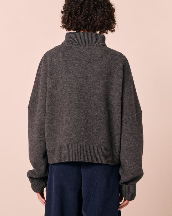 model wears ruth light charcoal knitted jumper