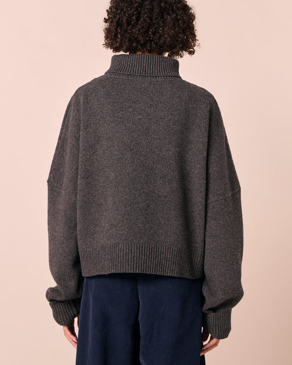 model wears ruth light charcoal knitted jumper