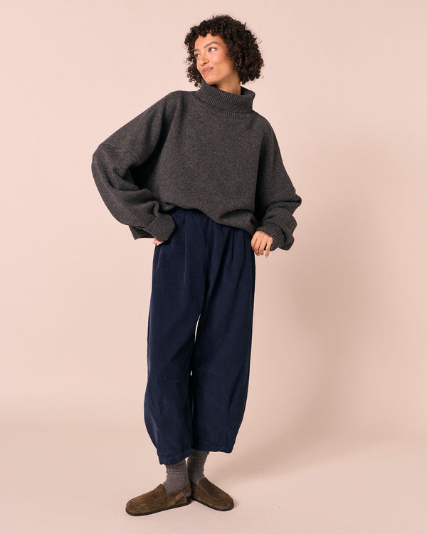 model wears ruth light charcoal knitted jumper