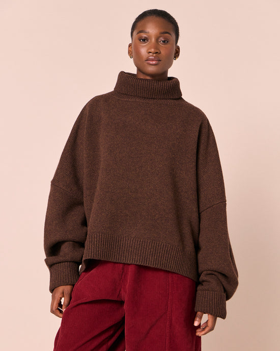 model wears ruth walnut knitted jumper
